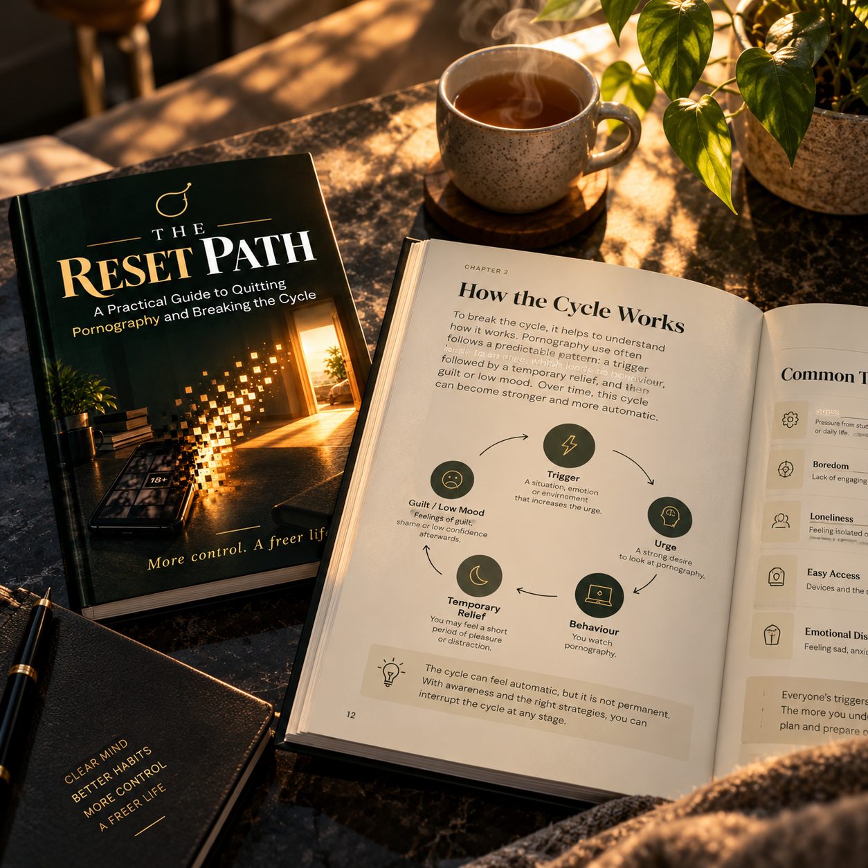 An open page explaining how the cycle works, beside the ebook cover