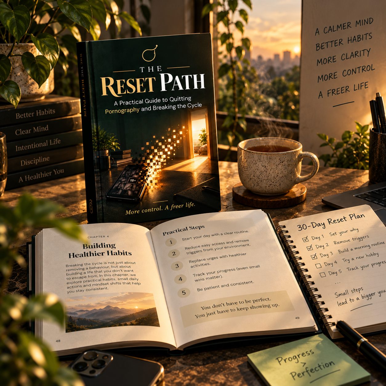 The ebook beside an open notebook with a 30-day plan