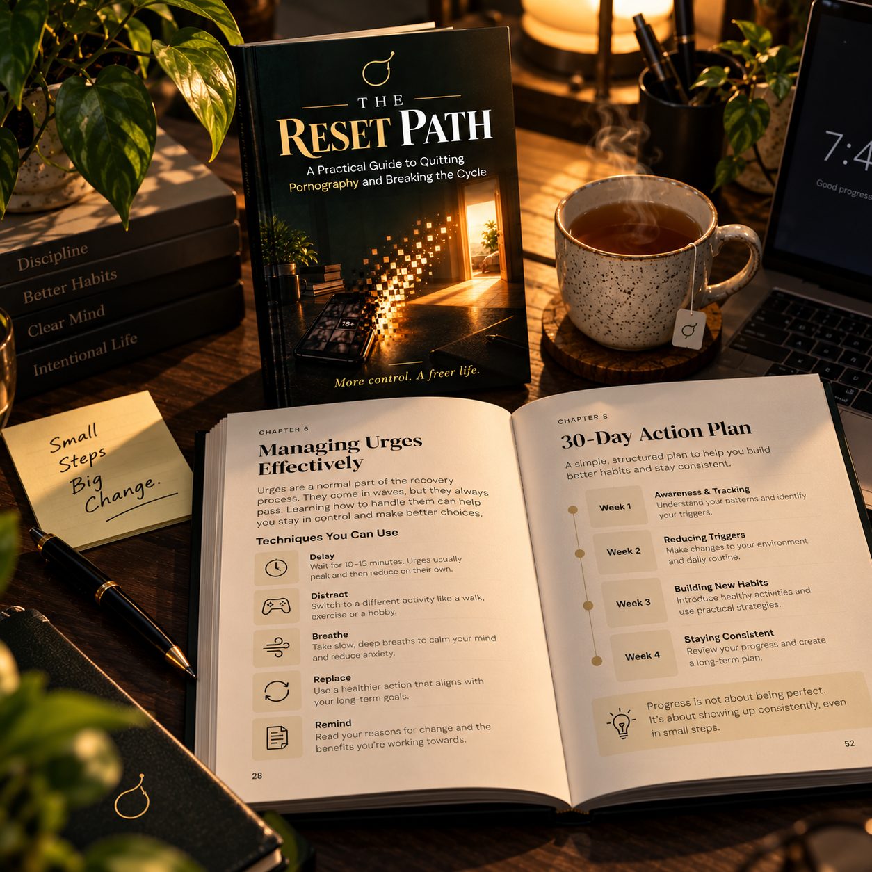 The ebook and an open guide on a desk with tea