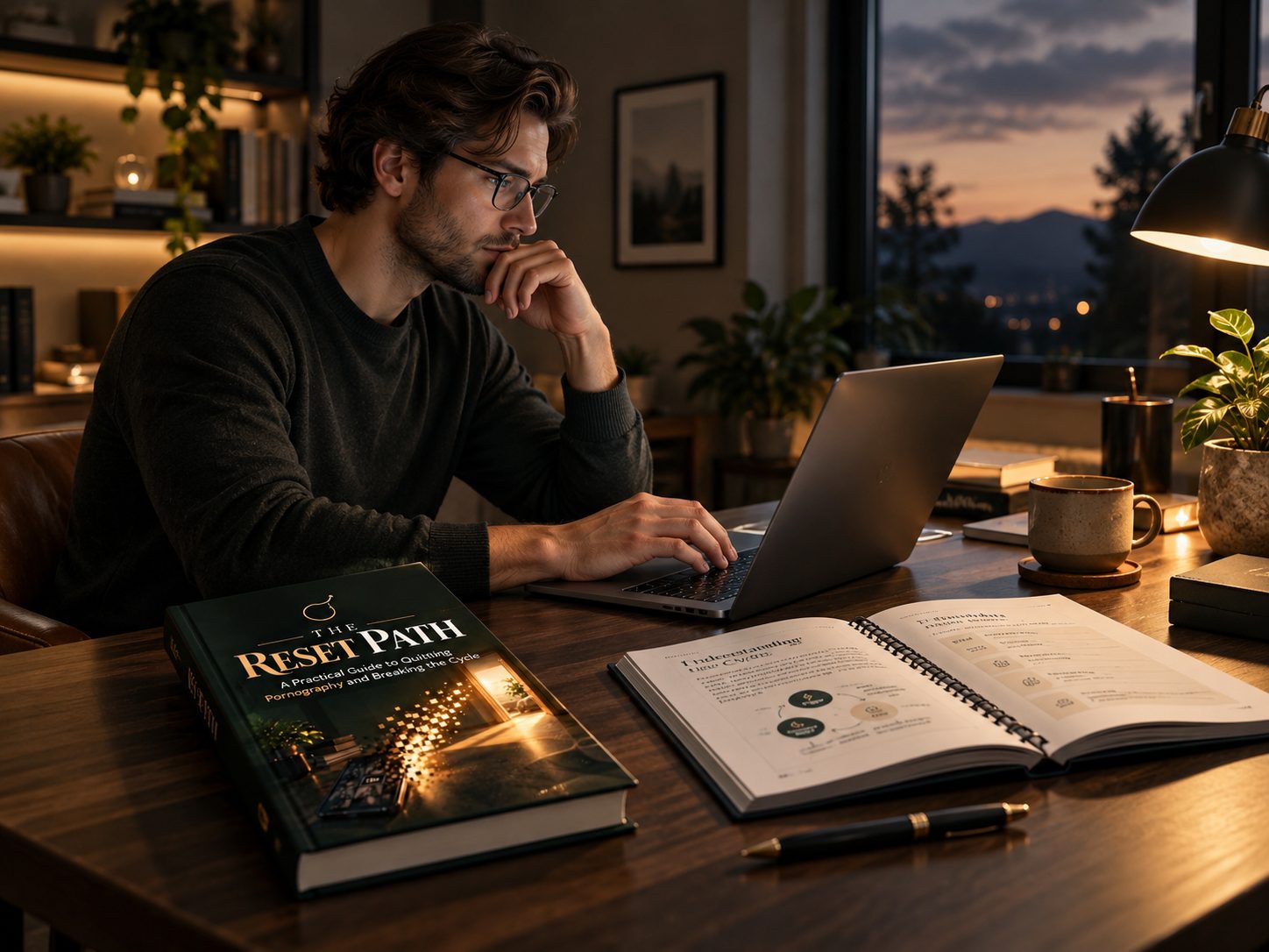A person reading The Reset Path at a desk in the evening