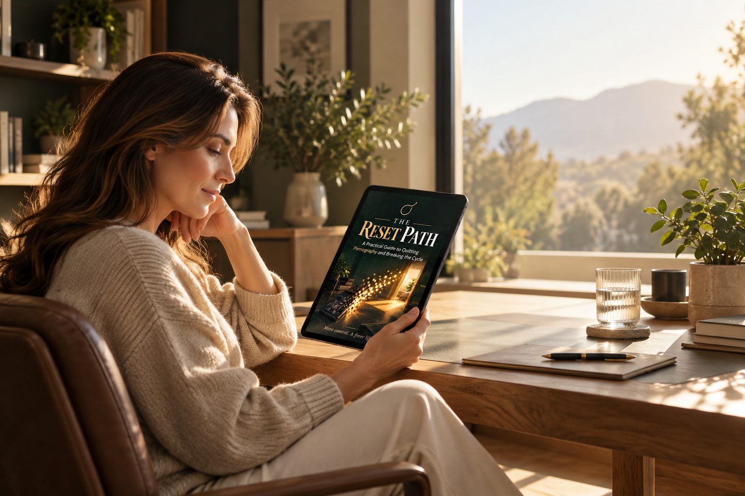 A reader enjoying The Reset Path on a tablet by a sunlit window